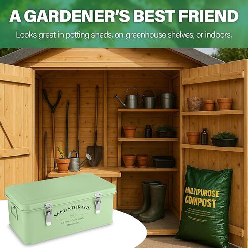 Seed Storage Box Organizer – Green Garden Seeds Tin with Lid, Side Handles, 4 Compartments & Safety Lock – Seed Packet Container for Gardeners – Gardening Gift Idea in Kuwait