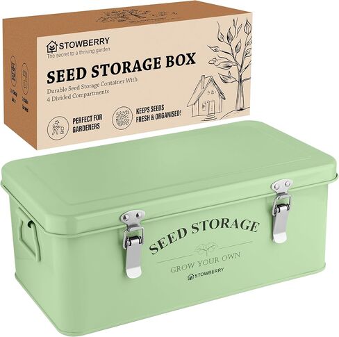 Seed Storage Box Organizer – Green Garden Seeds Tin with Lid, Side Handles, 4 Compartments & Safety Lock – Seed Packet Container for Gardeners – Gardening Gift Idea in Kuwait