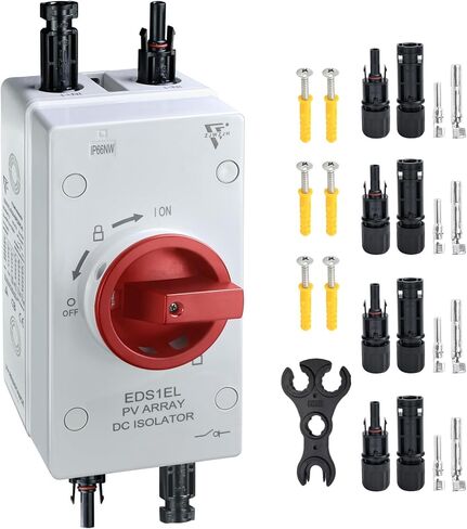PV2 Solar Disconnect Switch 4-Pole DC 1500V 32A Isolator Solar Switch with Enclosure for Rooftop Solar Systems, RVs and Boat Waterproof IP66 Black with MC4 in Kuwait