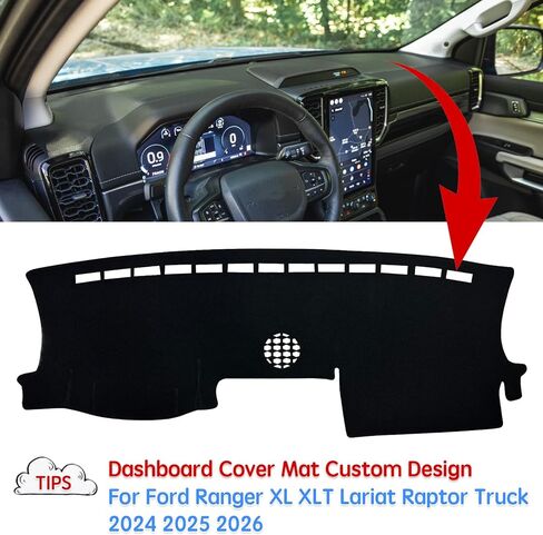 Dashboard Cover Dash Mat Pad Compatible with Ford Ranger XL XLT Lariat Raptor Truck 2024 2025 2026 Dash Cover Protector (Black Trim) in Kuwait