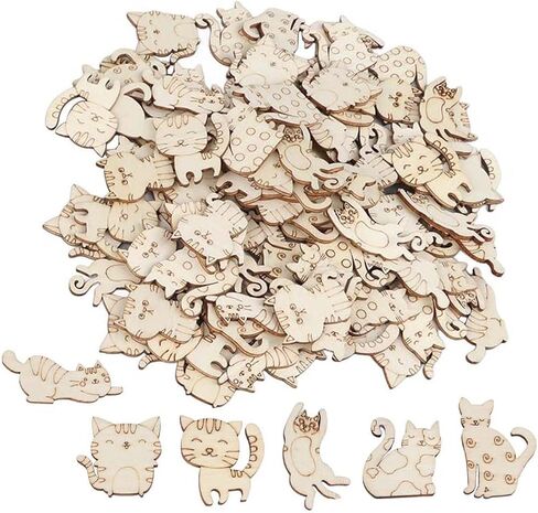 100Pcs Mini Cat Wood DIY Crafts Cutouts Wooden Cat Shaped Slices Embellishments Unfinished Wood Ornaments for Baby Shower Wedding Birthday Christmas Party Decorations in Kuwait