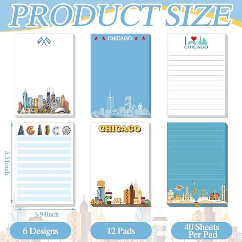 Eaasty 12 Pcs Chicago Sticky Notes Bulk 4 x 5.5 Inch Chicago Themed Self Stick Notepads Cute Adhesive Memo Pads City Souvenir Gifts for Student Teacher Office Supplies Back to School Stationery in Kuwait
