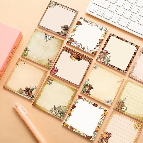 12 Pads Western Cowboy Sticky Notes 3x3 Inch Wild West Self Stick Notepads, 240 Sheets Adhesive Memo Pads with 12 Vintage Designs, Western Themed Office Supplies for School, Meeting, Home, Classroom in Saudi Arabia