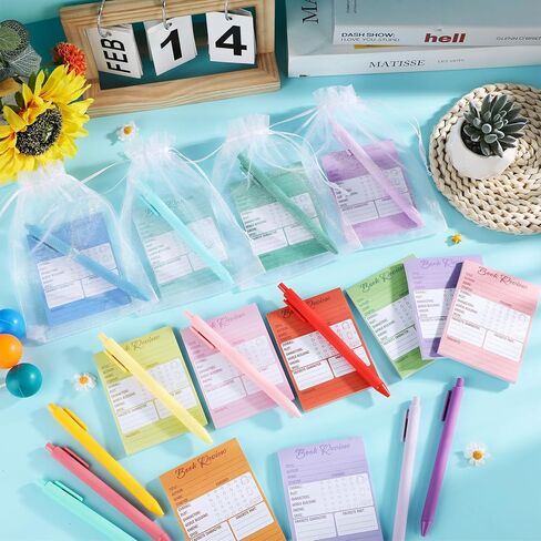 12 Sets Book Review Sticky Notes Kit Colorful Reading List Books Review Stickers Tracker Bookmarks Cards with Ballpoint Pens Organza Bags Back to School Student Gift End of Year Favors for Book Lovers in Kuwait