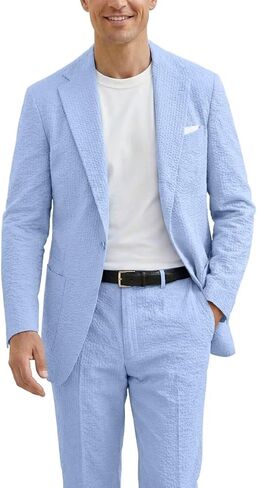 Mens Blue Seersucker Summer Suits 2 Piece Grooms Sear Sucker Suit for Wedding Mens Formal Tuxedo Suits Slim Fit in Saudi Arabia