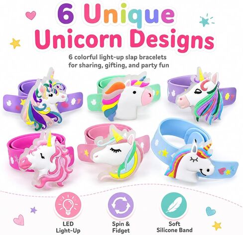 Light Up Unicorn Slap Bracelets for Kids, 6 Pack LED Unicorn Bracelets for Girls Birthday Party Favors, Goodie Bag Fillers, Classroom Rewards, Treasure Box Prizes, Stocking Stuffers for Ages 3+ in Saudi Arabia
