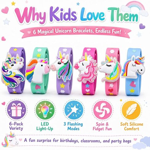 Light Up Unicorn Slap Bracelets for Kids, 6 Pack LED Unicorn Bracelets for Girls Birthday Party Favors, Goodie Bag Fillers, Classroom Rewards, Treasure Box Prizes, Stocking Stuffers for Ages 3+ in Saudi Arabia