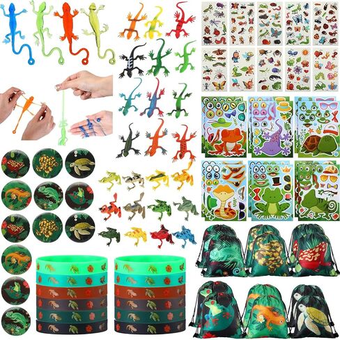 Paterr 94 Pcs Reptile Party Favors Reptile Birthday Party Supplies Decorations Include Gift Bags Slap Bracelets Badges Tattoos Stickers frog Lizard Toys Stretchy Sticky Toys for Boy Girl in Kuwait