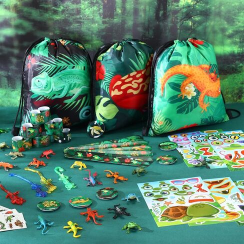 Paterr 94 Pcs Reptile Party Favors Reptile Birthday Party Supplies Decorations Include Gift Bags Slap Bracelets Badges Tattoos Stickers frog Lizard Toys Stretchy Sticky Toys for Boy Girl in Kuwait