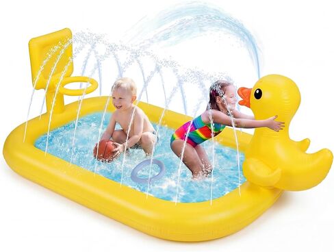 Jenaai Splash Pad for Kids 63" Inflatable Yellow Duck Sprinkler Mat for Toddler 3-in-1 Water Toy with Basketball Game Indoor Outdoor Summer Kiddie Pool Play Center Birthday Gift for Boys Girls in Kuwait