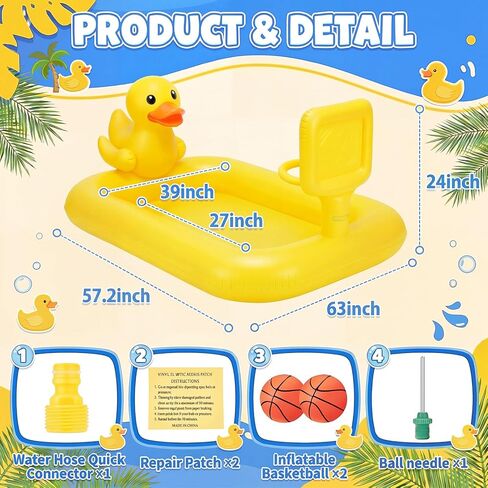 Jenaai Splash Pad for Kids 63" Inflatable Yellow Duck Sprinkler Mat for Toddler 3-in-1 Water Toy with Basketball Game Indoor Outdoor Summer Kiddie Pool Play Center Birthday Gift for Boys Girls in Kuwait