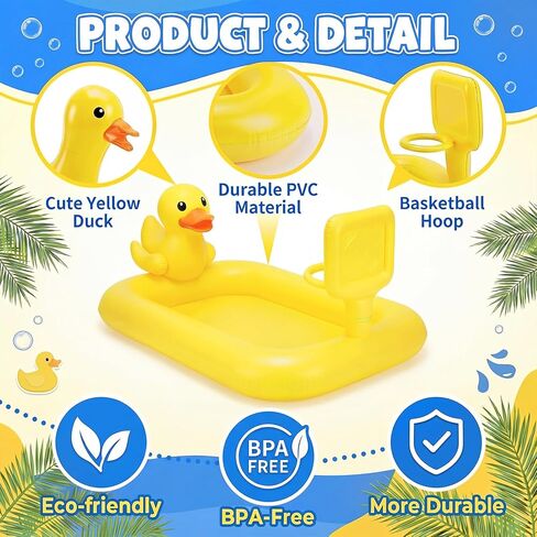 Jenaai Splash Pad for Kids 63" Inflatable Yellow Duck Sprinkler Mat for Toddler 3-in-1 Water Toy with Basketball Game Indoor Outdoor Summer Kiddie Pool Play Center Birthday Gift for Boys Girls in Kuwait