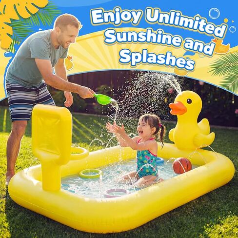 Jenaai Splash Pad for Kids 63" Inflatable Yellow Duck Sprinkler Mat for Toddler 3-in-1 Water Toy with Basketball Game Indoor Outdoor Summer Kiddie Pool Play Center Birthday Gift for Boys Girls in Kuwait