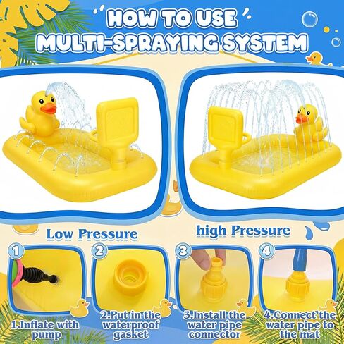 Jenaai Splash Pad for Kids 63" Inflatable Yellow Duck Sprinkler Mat for Toddler 3-in-1 Water Toy with Basketball Game Indoor Outdoor Summer Kiddie Pool Play Center Birthday Gift for Boys Girls in Kuwait