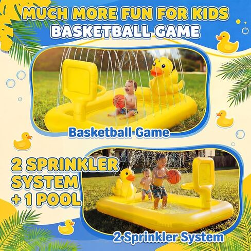 Jenaai Splash Pad for Kids 63" Inflatable Yellow Duck Sprinkler Mat for Toddler 3-in-1 Water Toy with Basketball Game Indoor Outdoor Summer Kiddie Pool Play Center Birthday Gift for Boys Girls in Kuwait