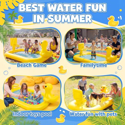Jenaai Splash Pad for Kids 63" Inflatable Yellow Duck Sprinkler Mat for Toddler 3-in-1 Water Toy with Basketball Game Indoor Outdoor Summer Kiddie Pool Play Center Birthday Gift for Boys Girls in Kuwait