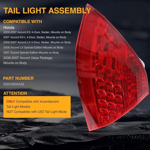 Tail Light Assembly Fit for 2006 2007 Honda Accord Sedan TailLight Lamp 33551SDAA32 (Left Driver Side) in Saudi Arabia