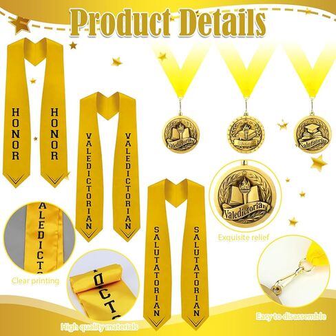 6 Pcs Graduation Award Medal and Graduation Stole Set, Valedictorian Salutatorian Honor Graduate Stole and Medallion Award Medal with Grosgrain Ribbon for Grads Celebration Accessories in Kuwait