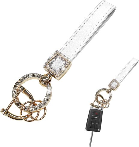 Leather Keychain, Bling Key Fob Holder with D-Ring & 2 Keyrings, Charming Rhinestone Key Chain for Women Girls (White) in Saudi Arabia