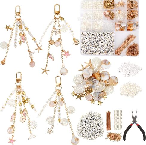 776PCS Ocean Keychain Making Kit with Charms DIY Key Chain Kit for Beginners Seashell Starfish Pearl Letter Name Beads Custom Keychains with Tools Crafting and Jewelry Making for Adults Gift for Women in Kuwait