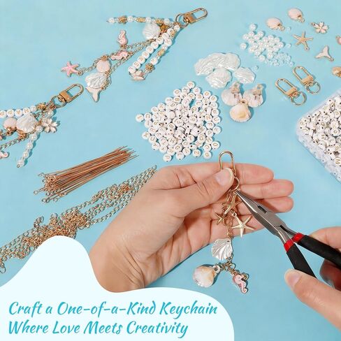 776PCS Ocean Keychain Making Kit with Charms DIY Key Chain Kit for Beginners Seashell Starfish Pearl Letter Name Beads Custom Keychains with Tools Crafting and Jewelry Making for Adults Gift for Women in Kuwait