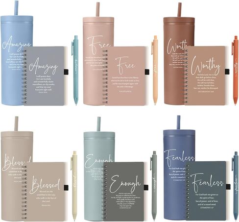 Gueevin Christian Gifts Set Boho Inspirational Bible Verse Retractable Pens 16oz Plastic Cups with Straws and Scripture Spiral Notebooks for Women Men Father's Day Church Blessings(18 Pcs,Boho) in Kuwait