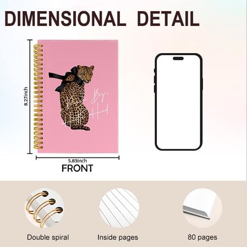 Wagoba Preppy Pink Leopard Print Notebook Journal, Cheetah Print Gifts for Women Journal, Trendy Girly Black Bow Cheetah Motivational Spiral Hardcover Notebook for Work Study, 5.5x8.3 Inch in Kuwait