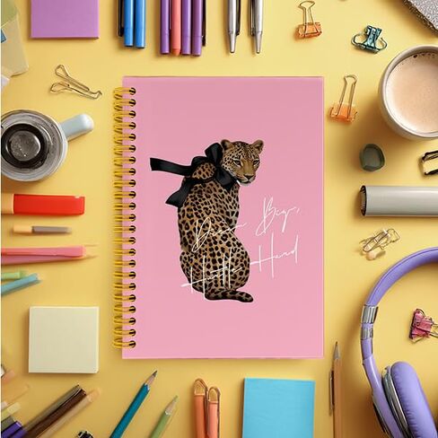 Wagoba Preppy Pink Leopard Print Notebook Journal, Cheetah Print Gifts for Women Journal, Trendy Girly Black Bow Cheetah Motivational Spiral Hardcover Notebook for Work Study, 5.5x8.3 Inch in Kuwait