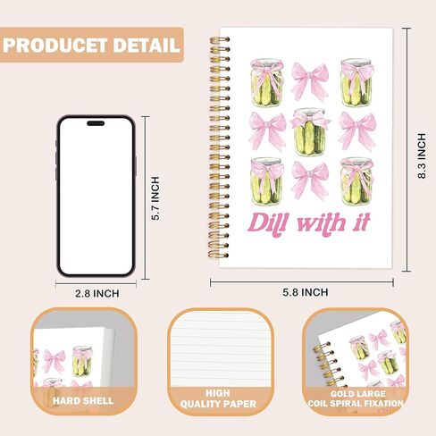 Gungjoeng Coquette Pink Bow Pickle Notebook Journal للنساء، هدايا العشاق تحت عنوان المخلل، الشبت المضحك مع دفتر ملاحظات حلزوني بغلاف صلب لتدوين ملاحظات العمل 5.5x8.3 بوصة in Kuwait