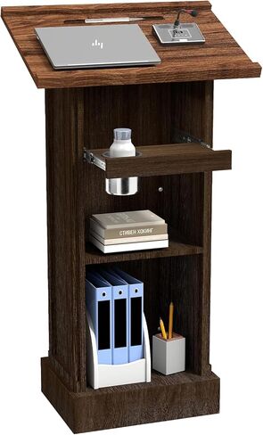 Zevemomo Podium Stand with 3 Levels of Storage, 44" Tall Wooden Lectern with Mic Stand Space, Pencil Slot, Sliding Shelf with Cup Holder for Church Office School Conference Restaurant, Brown in Saudi Arabia