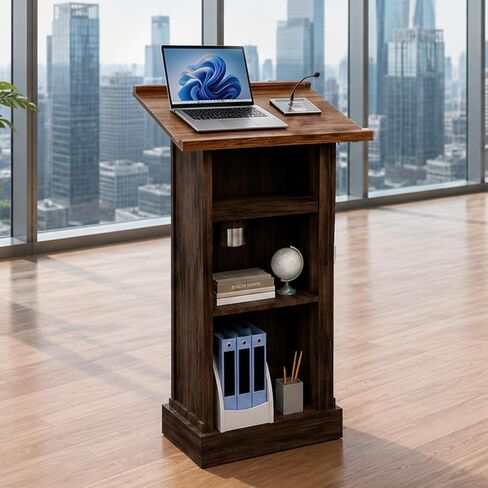 Zevemomo Podium Stand with 3 Levels of Storage, 44" Tall Wooden Lectern with Mic Stand Space, Pencil Slot, Sliding Shelf with Cup Holder for Church Office School Conference Restaurant, Brown in Saudi Arabia