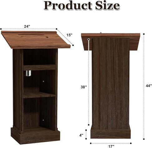 Zevemomo Podium Stand with 3 Levels of Storage, 44" Tall Wooden Lectern with Mic Stand Space, Pencil Slot, Sliding Shelf with Cup Holder for Church Office School Conference Restaurant, Brown in Saudi Arabia