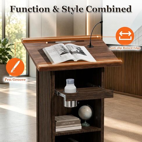 Zevemomo Podium Stand with 3 Levels of Storage, 44" Tall Wooden Lectern with Mic Stand Space, Pencil Slot, Sliding Shelf with Cup Holder for Church Office School Conference Restaurant, Brown in Saudi Arabia