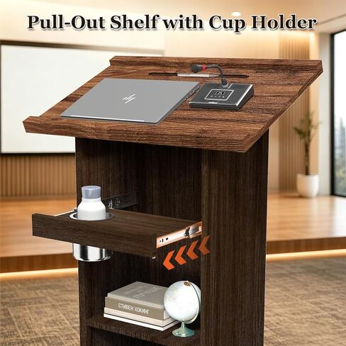 Zevemomo Podium Stand with 3 Levels of Storage, 44" Tall Wooden Lectern with Mic Stand Space, Pencil Slot, Sliding Shelf with Cup Holder for Church Office School Conference Restaurant, Brown in Saudi Arabia