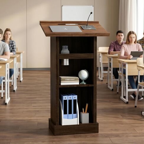 Zevemomo Podium Stand with 3 Levels of Storage, 44" Tall Wooden Lectern with Mic Stand Space, Pencil Slot, Sliding Shelf with Cup Holder for Church Office School Conference Restaurant, Brown in Saudi Arabia