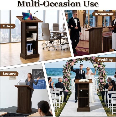 Zevemomo Podium Stand with 3 Levels of Storage, 44" Tall Wooden Lectern with Mic Stand Space, Pencil Slot, Sliding Shelf with Cup Holder for Church Office School Conference Restaurant, Brown in Saudi Arabia