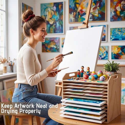 Hoteam Wooden Art Drying Rack with 12 Removable Shelves Canvas Art Paint Drying Rack Wood Tabletop Artwork Display Storage Racks for Home Artwork Studio Craft Room in Kuwait
