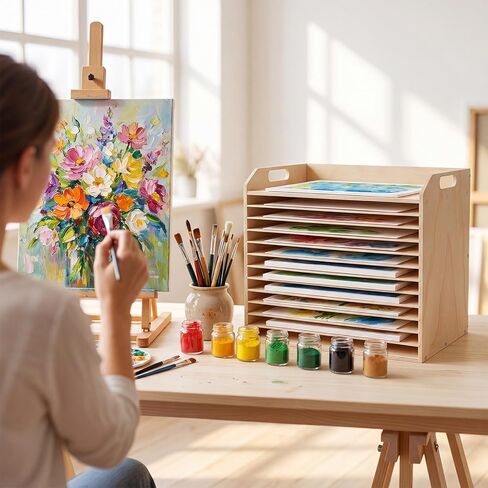 Hoteam Wooden Art Drying Rack with 12 Removable Shelves Canvas Art Paint Drying Rack Wood Tabletop Artwork Display Storage Racks for Home Artwork Studio Craft Room in Kuwait
