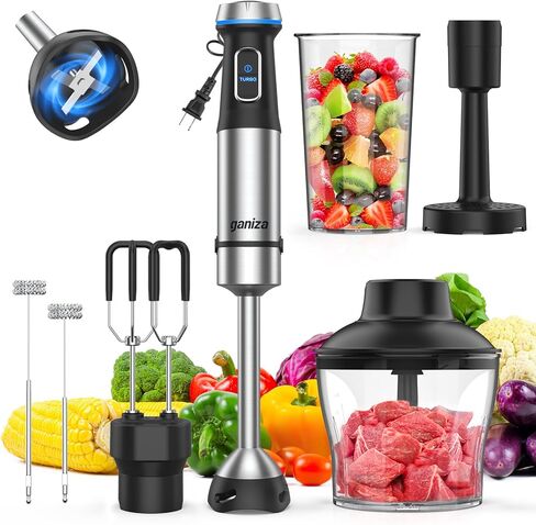 Ganiza Immersion Blender Handheld, 6 in 1 Corded Hand Blenders Immersion | Stainless Steel Blade, 15 Speed Stick Blenders Electric, 800ml Mixing Beaker, 600ml Chopper, Whisk, Frother, Potato Masher in Kuwait