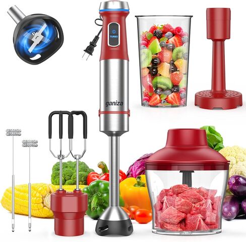 Ganiza Immersion Blender, 6 in 1 Hand Blender Stainless Steel Blade, 15 Speed Stick Blender Electric, Immersion Blender Handheld with 800ml Mixing Beaker, 600ml Chopper, Whisk, Frother, Potato Masher in Kuwait