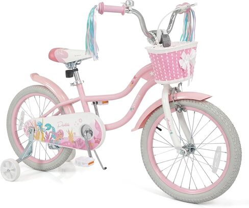 COSTWAY Mermaid Kids Bike, 12/14/16/18/20 Inch Toddler Bike w/Removable Training Wheels, Streamers, Doll Storage Basket, Handbrake & Coaster Brake, Children Kids Bicycle for 3+ Years Old Boys & Girls in Kuwait