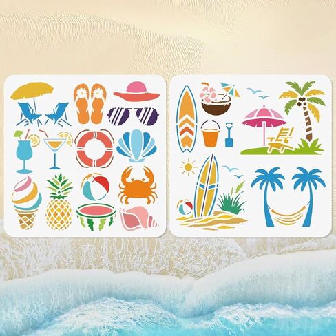 2Pcs Summer Beach Stencils for Painting, 11.8"x11.8" Reusable Palm Tree Stencil Drawing Templates, Beach Vacation DIY Craft Paint Templates for Wall Home Decor Wood Burning Canvas Journal in Kuwait
