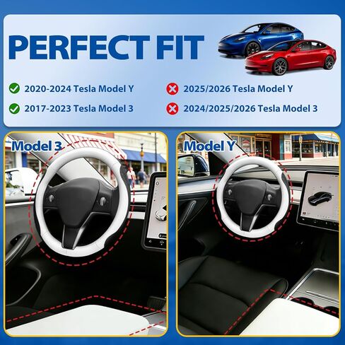 Steering Wheel Cover and Armrest Cover for Tesla Model Y 2020–2024 & Model 3 2017–2023, Ultra-Thin 2mm Nappa Leather, Non-Slip Grip, Screen Edge & Mirror Covers（White） in Kuwait