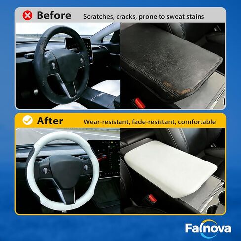 Steering Wheel Cover and Armrest Cover for Tesla Model Y 2020–2024 & Model 3 2017–2023, Ultra-Thin 2mm Nappa Leather, Non-Slip Grip, Screen Edge & Mirror Covers（White） in Kuwait
