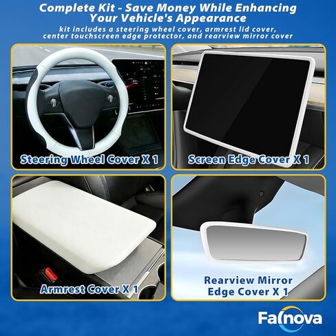 Steering Wheel Cover and Armrest Cover for Tesla Model Y 2020–2024 & Model 3 2017–2023, Ultra-Thin 2mm Nappa Leather, Non-Slip Grip, Screen Edge & Mirror Covers（White） in Kuwait