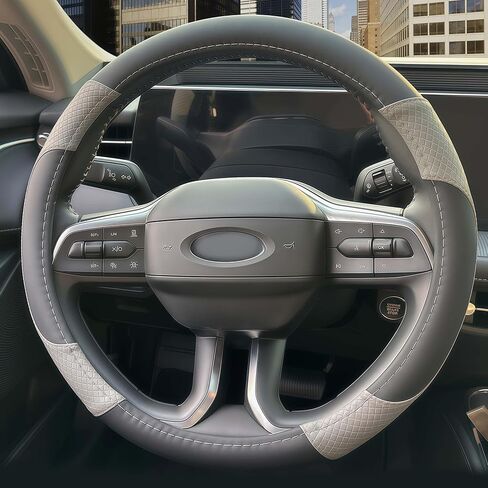 Steering Wheel Cover for Hyundai 14.5-15 inch, Car Steering Wheel Cover for Tucson,Sonata,Elantra,Sonata Hybrid,Azera, Leather Anti-Slip Interior Protection Accessories for Women Men - Black & Gray in Saudi Arabia
