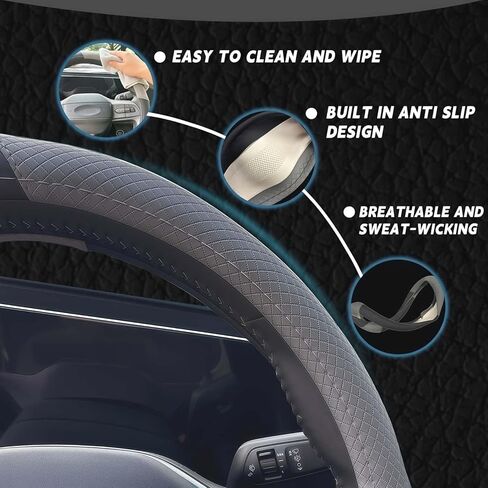 Steering Wheel Cover for Hyundai 14.5-15 inch, Car Steering Wheel Cover for Tucson,Sonata,Elantra,Sonata Hybrid,Azera, Leather Anti-Slip Interior Protection Accessories for Women Men - Black & Gray in Saudi Arabia
