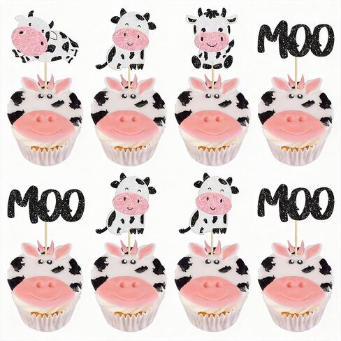 24Pcs Cow Cupcake Toppers Cow Party Decorations Glitter Farm Animals Moo Cupcake Picks Cow Theme Baby Shower Kids Boy Girl Birthday Party Cake Decorations Supplies in Saudi Arabia