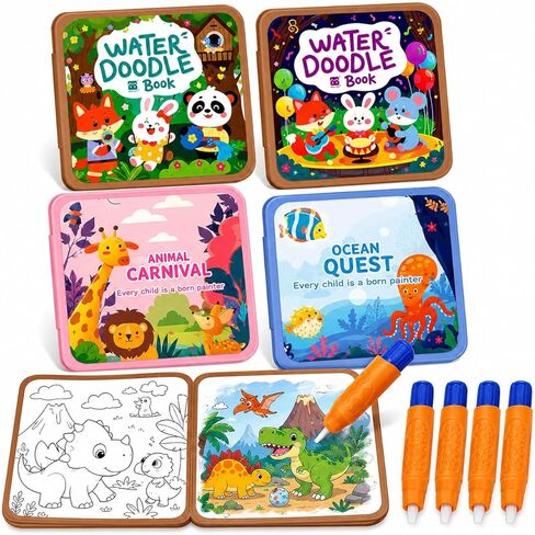 Water Painting Book for Kids 4 Pack - Reusable Magic Water Coloring Books with 36 Pages & 4 Water Pens, Mess-Free Art Activity Toys for Toddlers Ages 3-5, Educational Travel Toys Gift for Boys Girls in Saudi Arabia