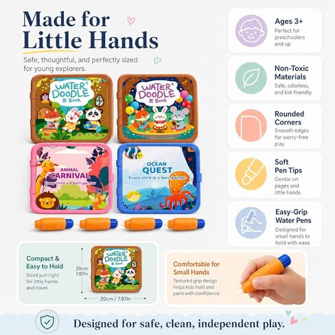 Water Painting Book for Kids 4 Pack - Reusable Magic Water Coloring Books with 36 Pages & 4 Water Pens, Mess-Free Art Activity Toys for Toddlers Ages 3-5, Educational Travel Toys Gift for Boys Girls in Saudi Arabia